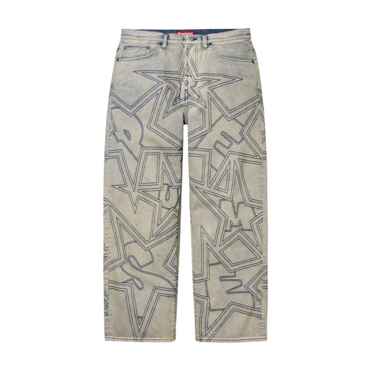 Supreme Stars Topstitch Baggy Jeans White