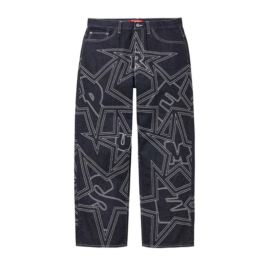 Supreme Stars Topstitch Baggy Jeans Navy